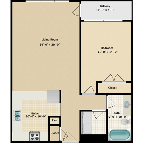 Floor plan for 1 bed, 1 bath, 800 sqft